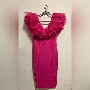 Women's Hot Pink Midi Dress with Ruffled V-Neck